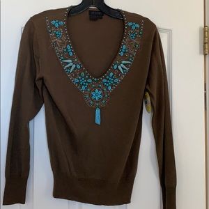 Brown with turquoise beads v neck sweater new
